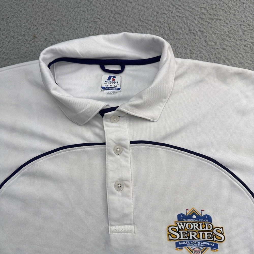 Russell Athletic Polo Shirt Mens Medium White World Series Baseball Stretch